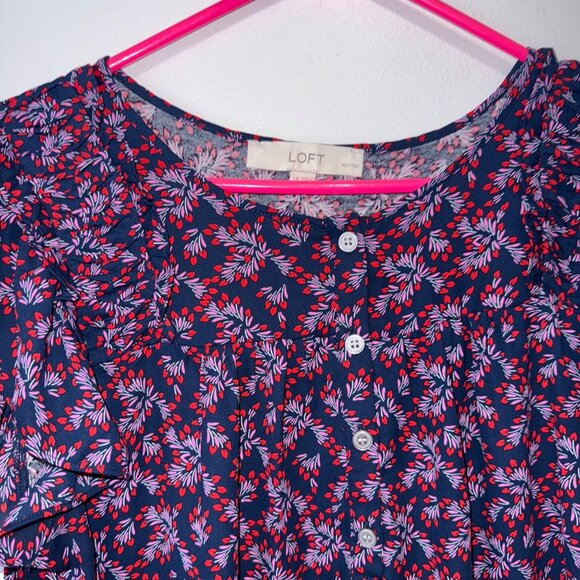 LOFT Petites Floral Print Button Front Ruffled Sleeve Blouse L - Picture 4 of 7